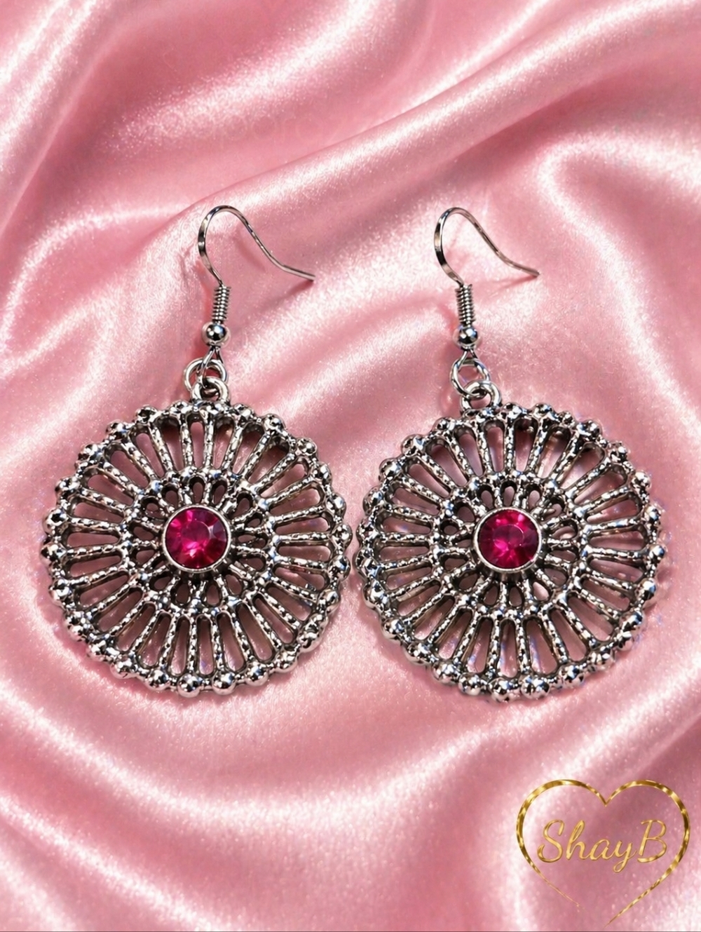 Pink Crystal Filigree Drop Earrings - Silver Tone
